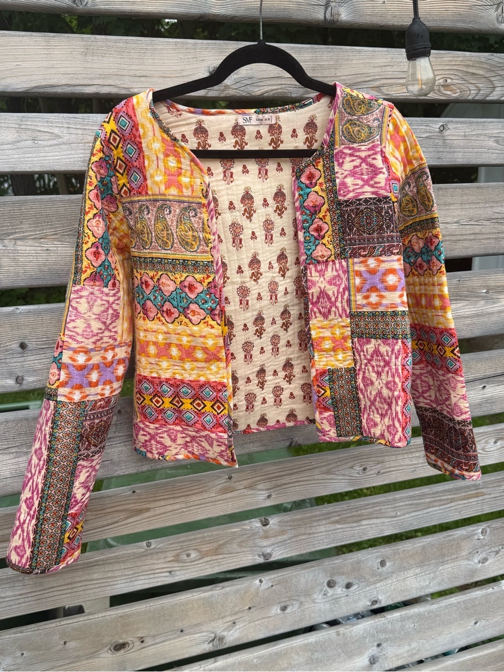 Patchwork Printed Cotton Jacket in Pink & Yellow